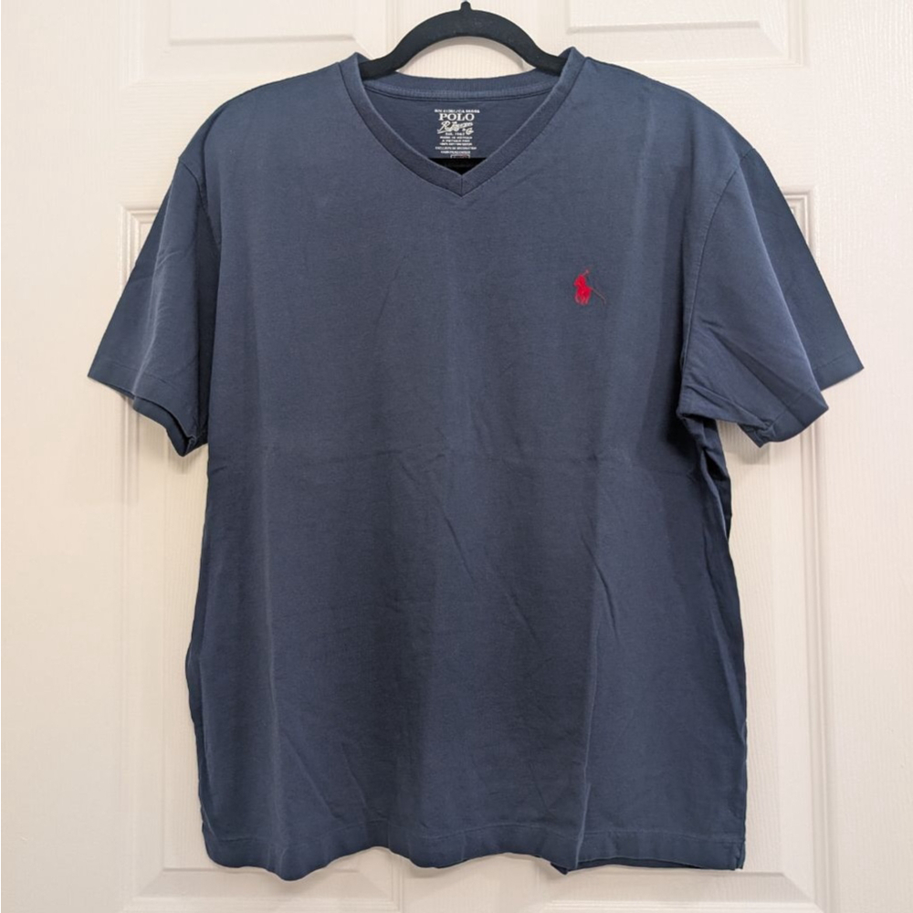 Men's Polo Ralph Lauren Blue V-Neck Short Sleeve Tee L with Red Logo - Picture 2 of 4